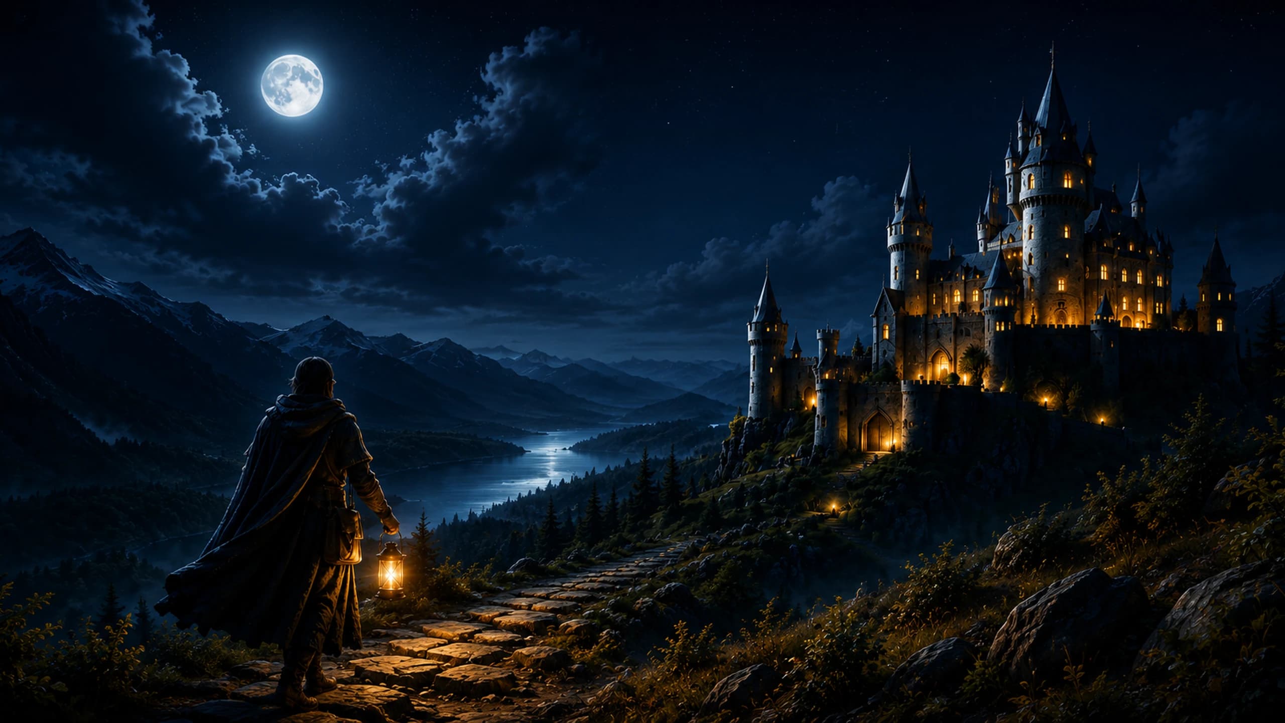 Călător cu lanternă privind spre un castel luminat sub lună, simbol al căutării somnului pierdut