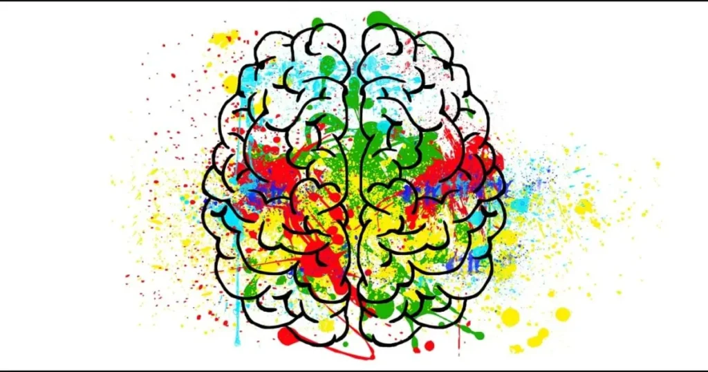 Imagine reprezentând sinestezia, cu un creier plin de culori și conexiuni, simbolizând percepțiile sensoriale amestecate.